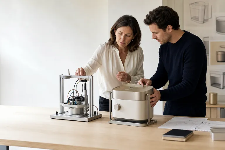 Deux professionnels comparent un montage expérimental et un prototype.