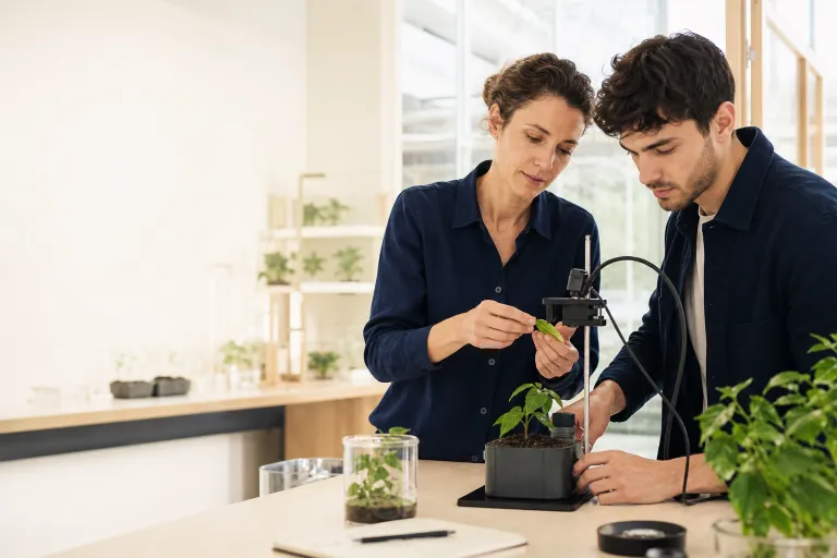 Une biologiste et un ingénieur mesurent une jeune plante avec un capteur.