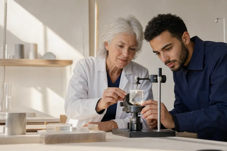 Deux scientifiques examinent un cristal dans un support optique.