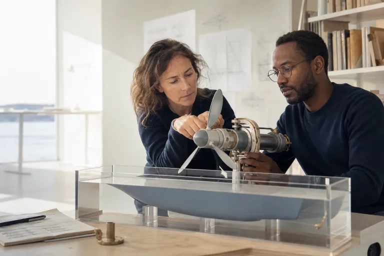 Deux ingénieurs ajustent une turbine marine sur un modèle de coque.