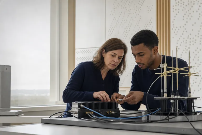 Deux ingénieurs vérifient le câblage d’un banc de télécommunications.