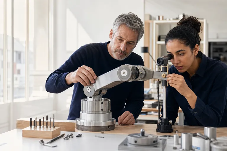 Deux ingénieurs contrôlent l’alignement optique d’une articulation mécanique.