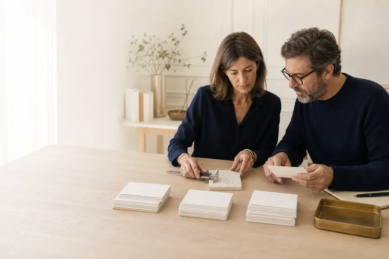 Deux spécialistes comparent des sources et mesurent un échantillon.