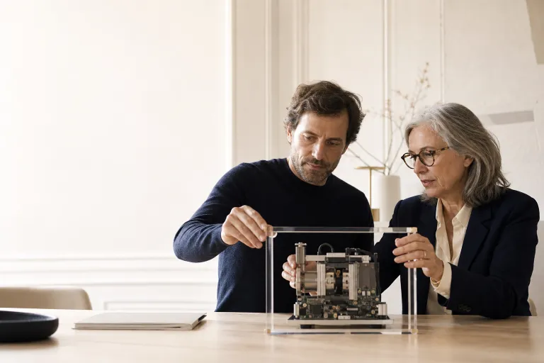 Un dirigeant et une conseillère délimitent le périmètre d’un prototype.