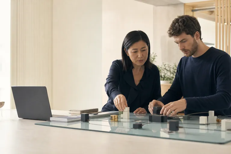 Deux ingénieurs modélisent une architecture logicielle avec des modules physiques.